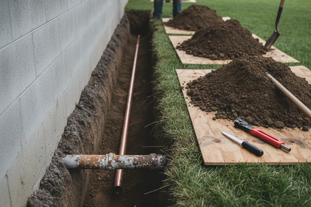 Excavated water line trench during Sewer Line Repair in Garner